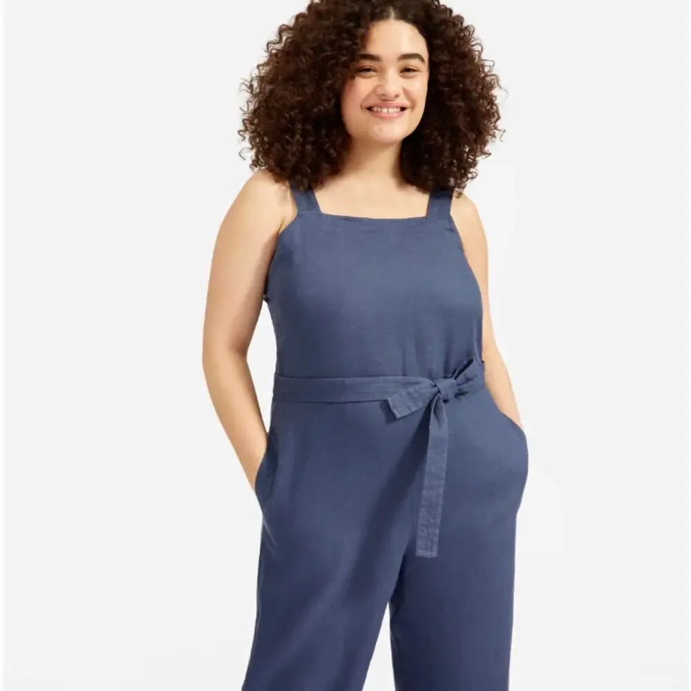 Everlane Womens The Linen Square-Neck Jumpsuit Sz 10 Belted Blue Indigo NWT